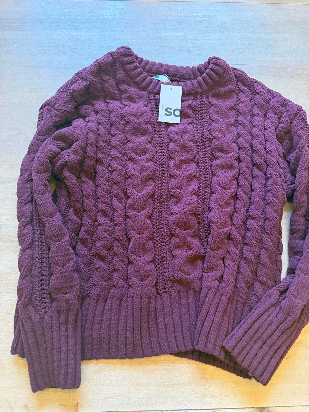 SO Cable-Textured Crewneck Sweater - Plum